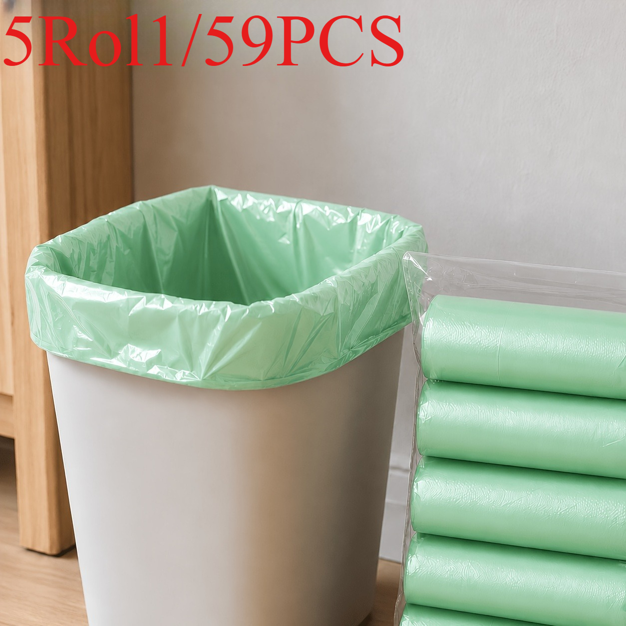 TEMU 59pcs (17.7 X 19.6 Inches) 5 Rolls Large Green Thickened Garbage Bags, Suitable For Home, Kitchen, Office, And Outdoor Cleaning! Halloween Gift,