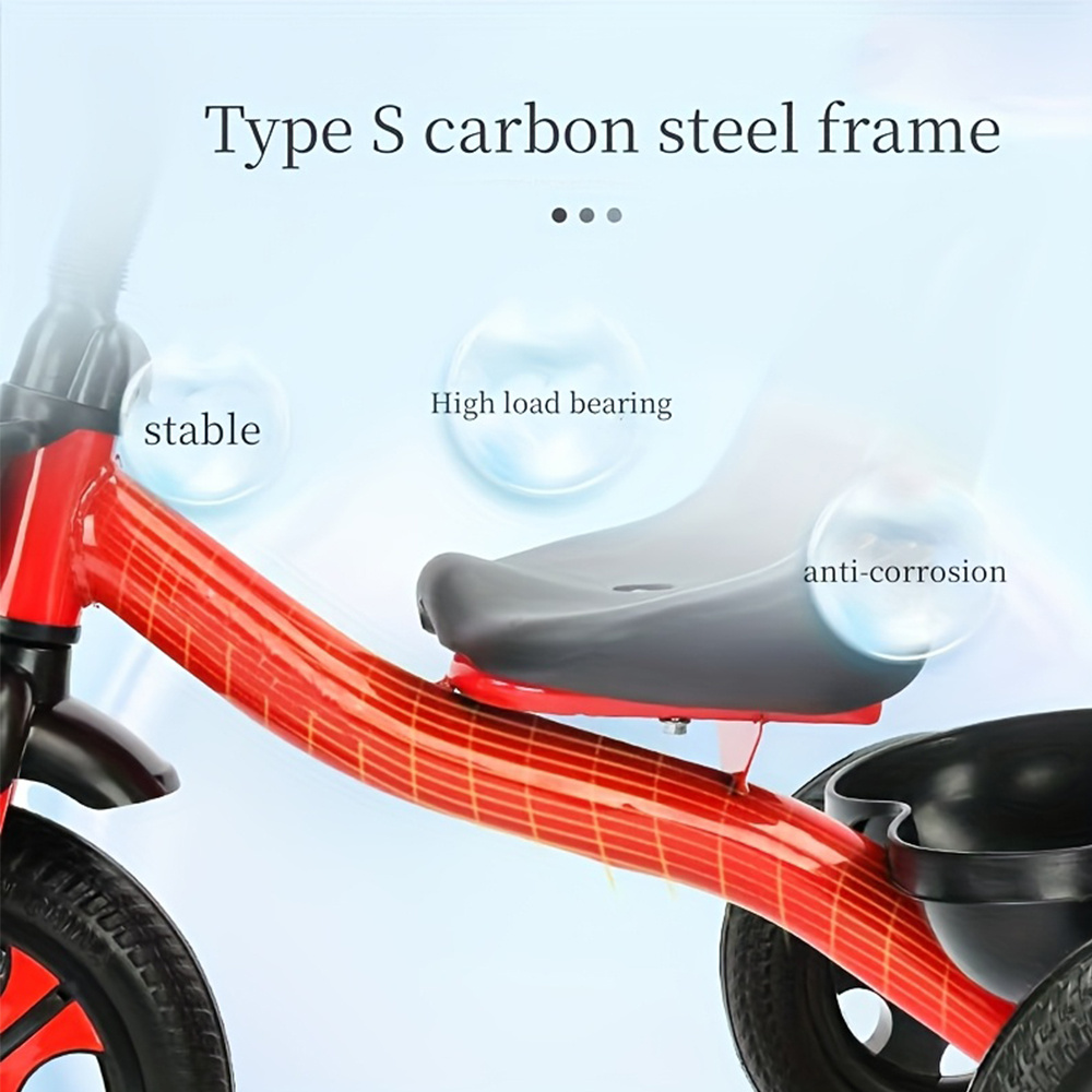 tricycle with storage basket& adjustable seat- durable carbon frame,   learning to ride, red, tricycle,   design, sturdy construction details 2