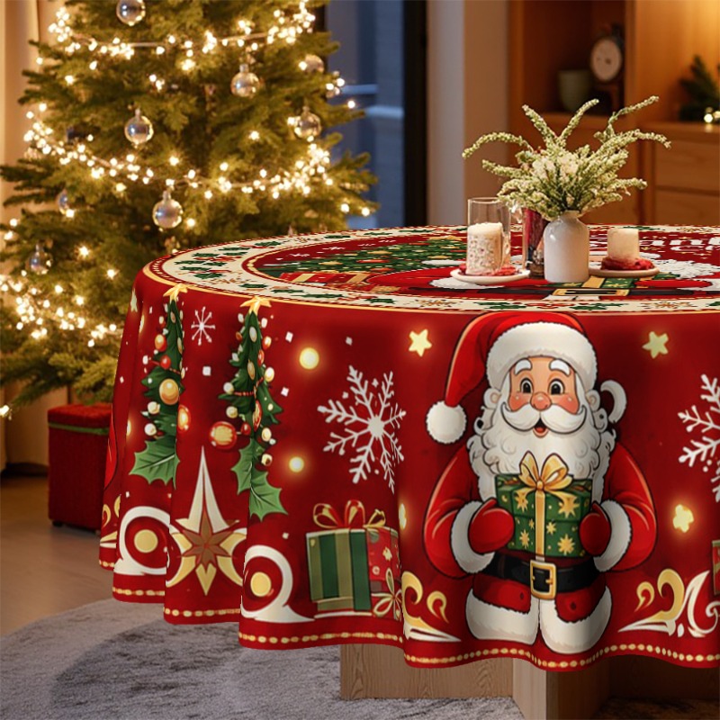 TEMU 1pc Tablecloth, Christmas Theme Style, Round Tablecloth, Printed With Santa Claus, Christmas Tree, And Gift Patterns, Ideal For Home Kitchen,