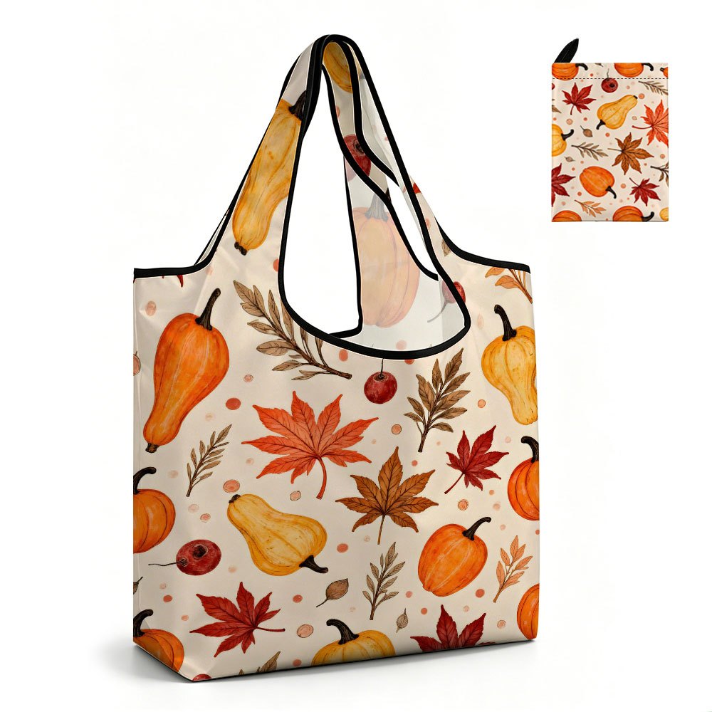 TEMU 2d Flat Reusable Shopping Bag Featuring Autumn-themed Patterns Like Pumpkins And . Lightweight, Durable, Washable, And Foldable With Large