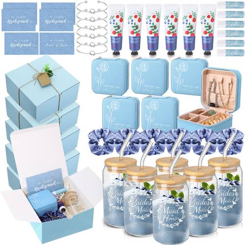 regalo para ella/él, juego de 60 piezas para de dama de honor, joyero, vaso de cristal, scrunchies, pulseras anudadas para el pelo, crema de manos, protector labial, tarjetas ( )