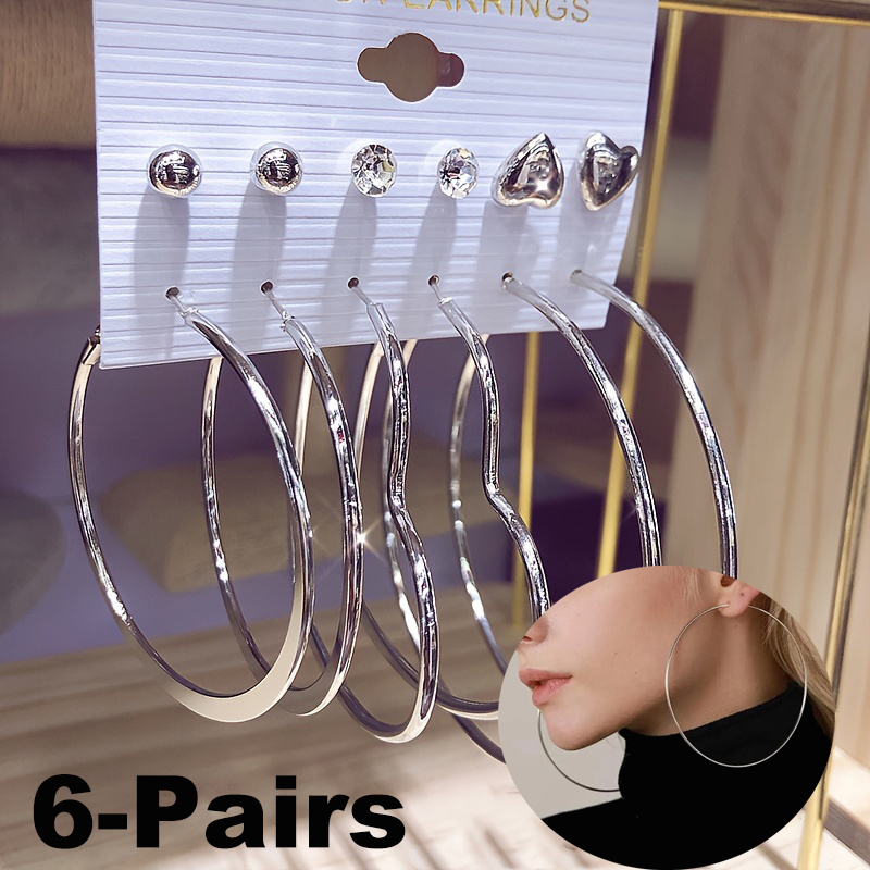 6 Pairs Exaggerated Silvery Glossy C-Ring Earrings Set Chic Round Heart Ear Stud Exquisite Shiny Cubic Women's Earrings Vintage C-shaped Large Ear Hoops Party Birthday Fashion Accessories