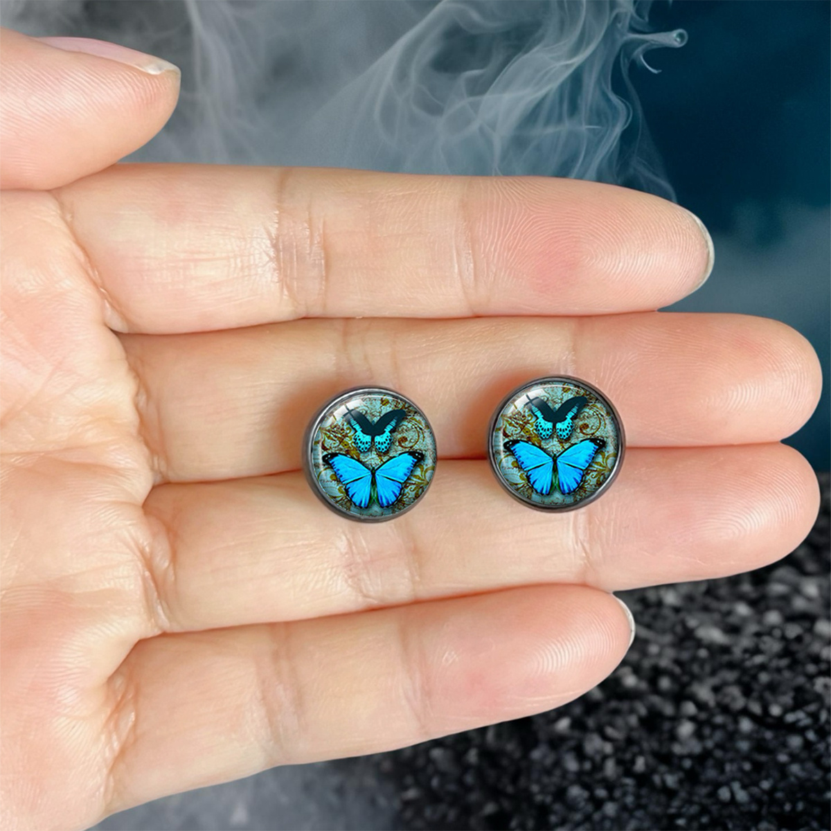 Vintage European Scroll Pattern Large Blue Butterfly Stud Earrings