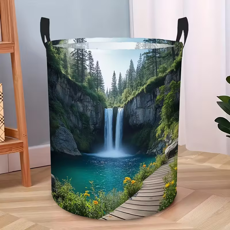TEMU 1pc Landscape Lake Waterfall Natural Theme Laundry Basket, Dirty Clothes Basket, With Secure Handle, Round Storage Basket, Suitable For Room,