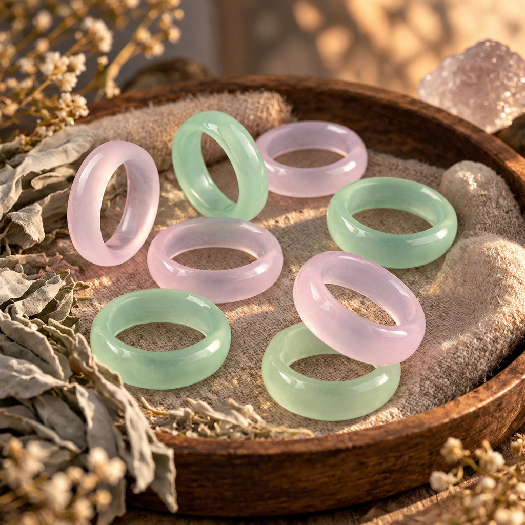 2pcs Pink & Green Agate Natural Stone Band Ring Set, Stackable