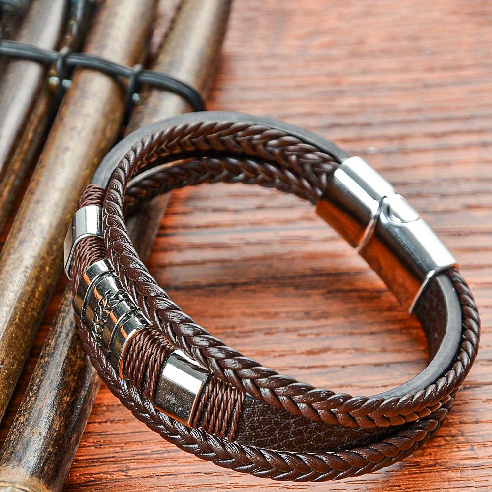 E-shop Modisches schwarzes, mehrschichtiges, gewebtes Armband aus Kunstleder mit Magnetverschluss für Herren, , Vatertagsgeschenk