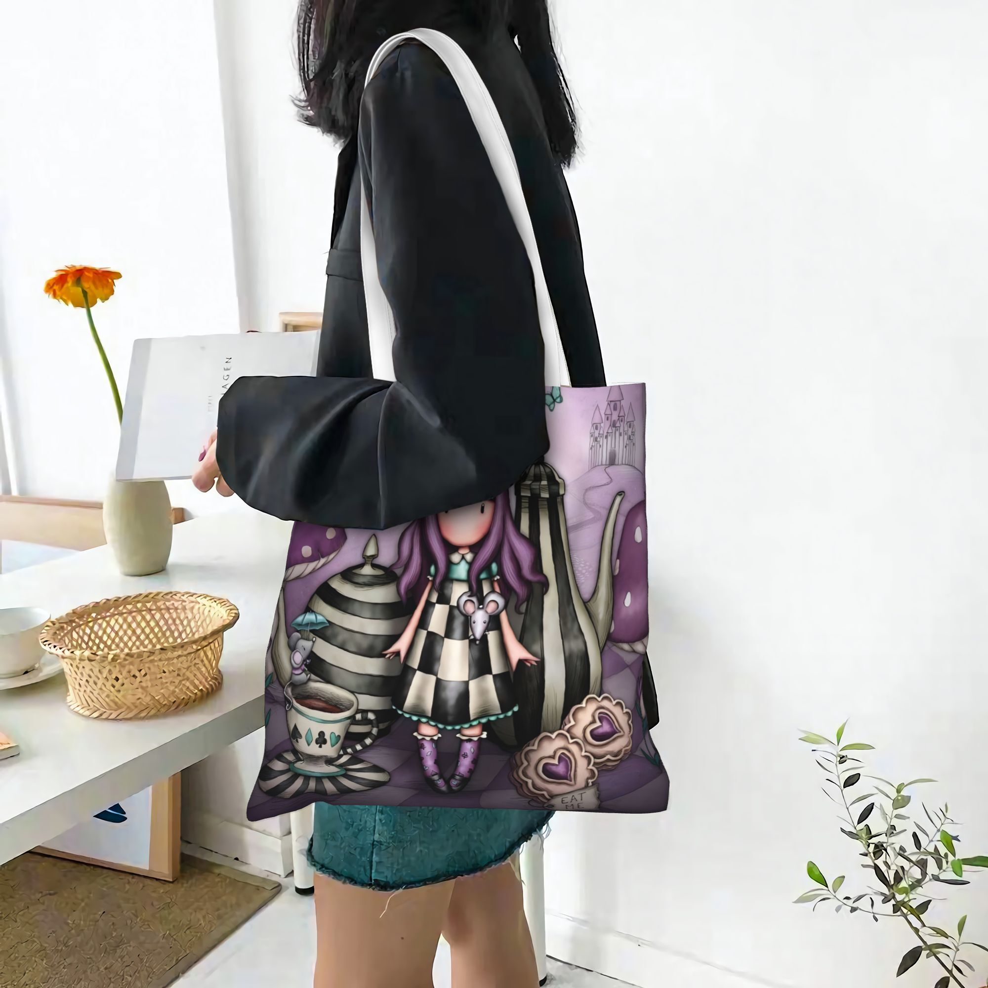 TEMU Borsa Tote in Tela Riutilizzabile Multifunzionale 2D, Tema Santoro Gorjuss | per Supermercati, Scuola | Uso Portatile e a Spalla | Borsa per