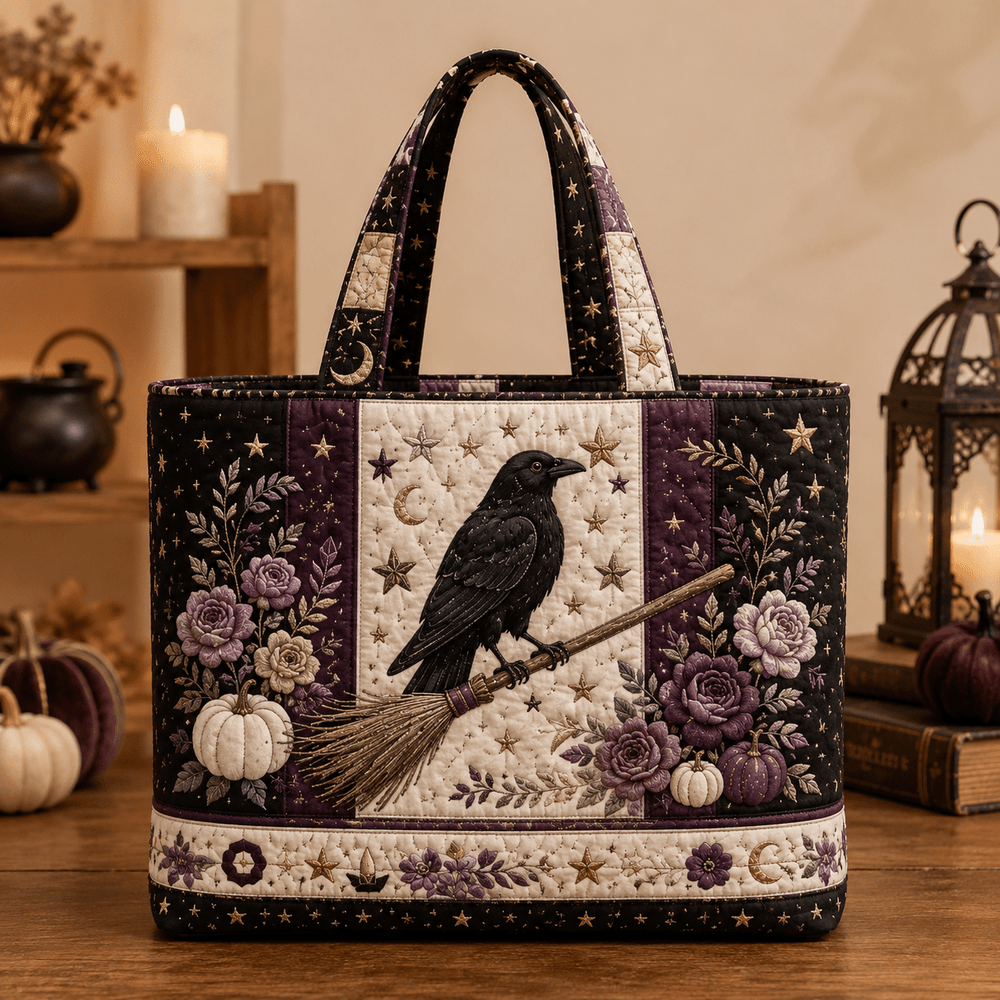 Image of 17 X 15 Inch Gothic Style Handbag Tote Bag On Broomstick Purple Floral Pumpkin Moon Stars Quilted Pattern