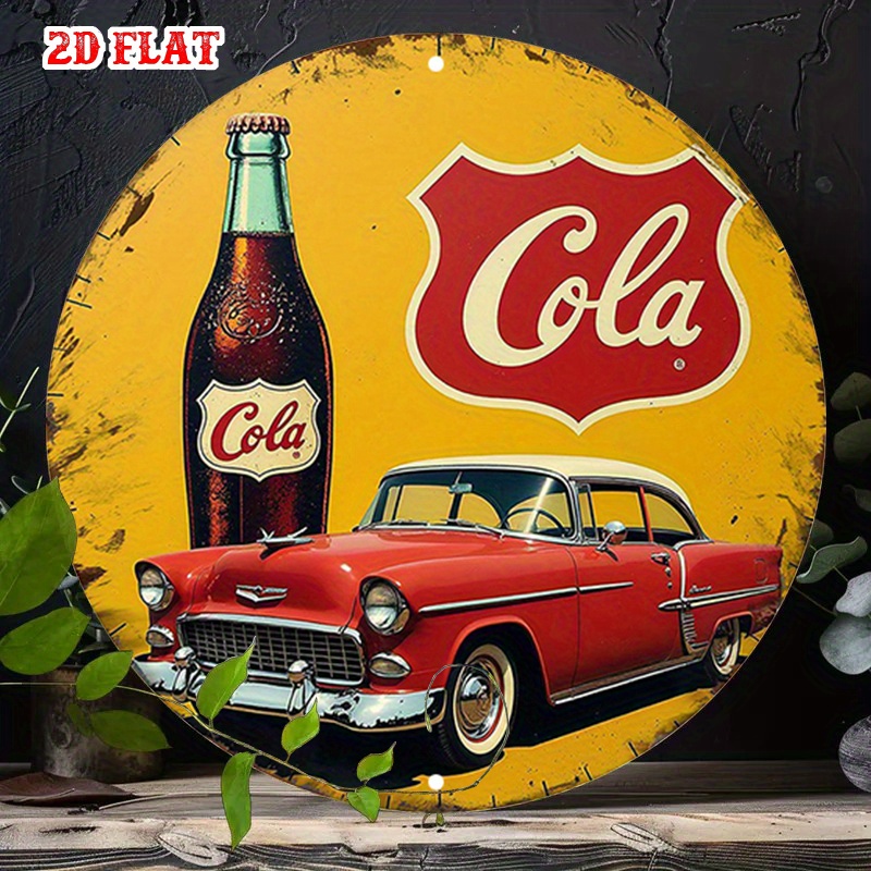 TEMU 2d Flat, 1pc Round Vintage Red Car & Cola Beverage Metal Tin Sign - 7.87x7.87 Aluminum Wall Art, Rustic Home, Garage, Cafe Decor, Classic With