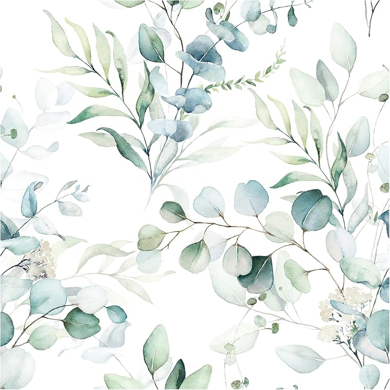 1 Roll Peel And Stick Wallpaper Boho Green/white Leaf Floral Wall Decor Wallpaper 17.3in W
