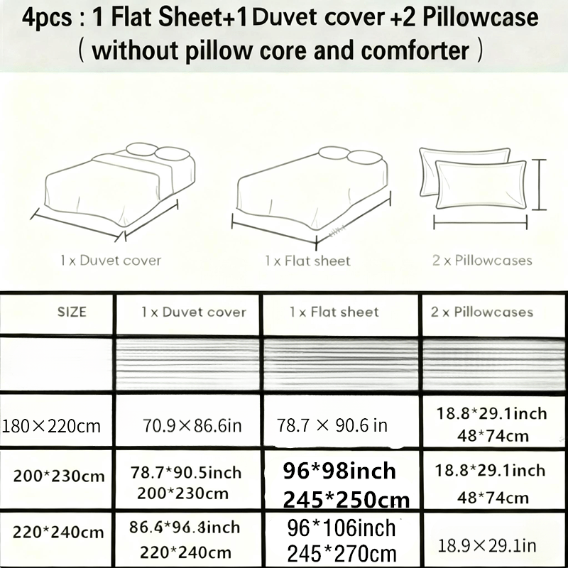 4pcs Luxury 100% Cotton High-Quality Duvet Cover Set, 1 Duvet Cover+ 2 Pillowcases+ 1 Flat Sheet, Soft Skin-Friendly Breathable, All Season for Single& Double Bed, Machine Washable, Ideal for Home, Dorm, Bedroom, Apartment& Guest Room