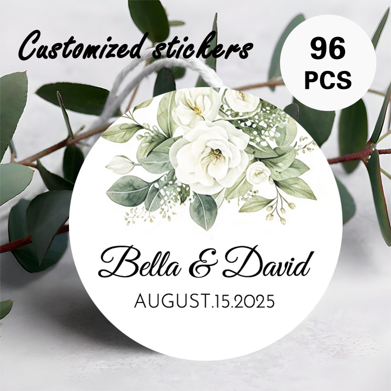 TEMU Custom 48/96pcs Wedding Round Stickers, Personalizable With Name, Date, Etc. White Floral “names And Date” Design. Suitable For Party Favors,