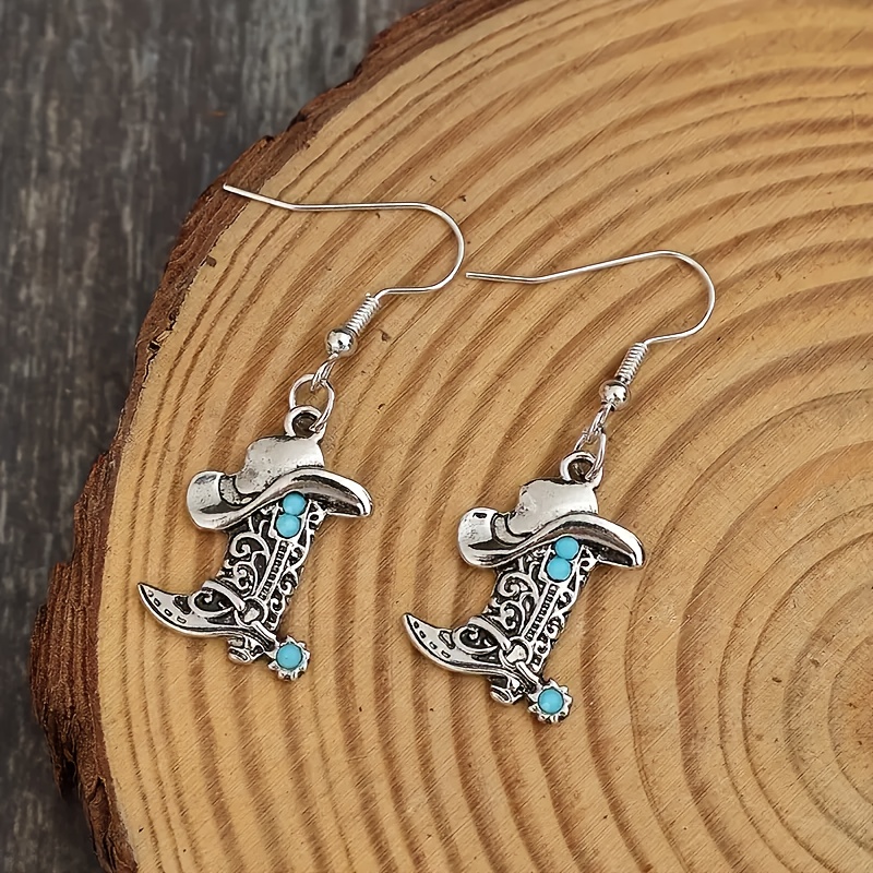 TEMU 2pcs Bohème Western Cowboy Bottes Fer à Cheval Chapeau Boucles d'Oreilles Pendantes Adaptées à Quotidienne