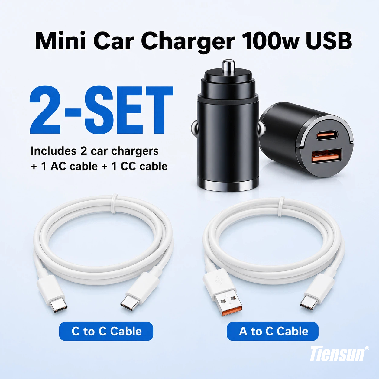 [2-pcs] Car Charger, 100w , With Cables, Usb C+a Charging With Functional Pull Ring Design, Hidden Car Adapter, Power Adapter For Car Socket 95685uieu55696