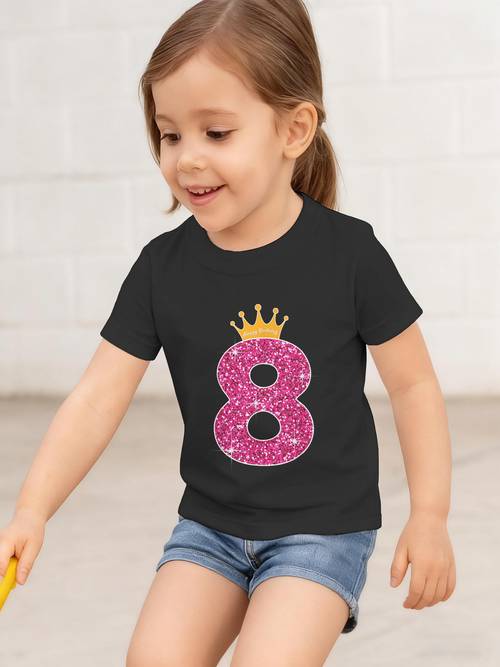 ținută pentru petrecerea de aniversare a fetelor de 8 ani - tricou drăguț cu grafică numărul 8 și coroană, cu accent de fundă roz sclipitoare - bluză casual moale cu gât rotund și mânecă scurtă pentru fete de 8 ani - haine pentru petrecerea de ziua de naștere (fără căptușeală la piept, croi lejer