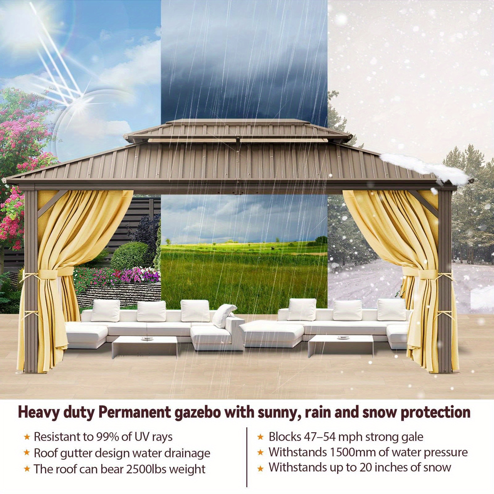 10x15ft heavy duty hard roofed   outdoor   for patios and backyards heavy duty   with aluminum frames   with galvanized steel double roofs flame retardant curtains and mesh thicken frames sturdy and durable Product details 6