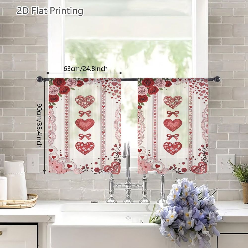 TEMU 2d Flat - 2d Flat - 2d Flat, 2pcs Spring Summer Small Sheer Curtains, Romantic And Floral In Red Pink Cream With Lace Borders, For Living Rooms,