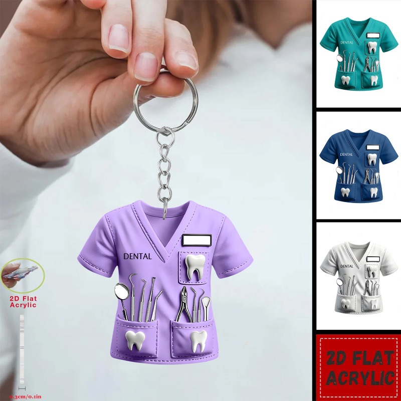 TEMU Plat 2D, 4 Porte-clés Mignons de Dentiste, Porte--clés Pendentifs en Acrylique avec Uniforme de Dentiste, de Dent et d'Outil, Parfaits pour