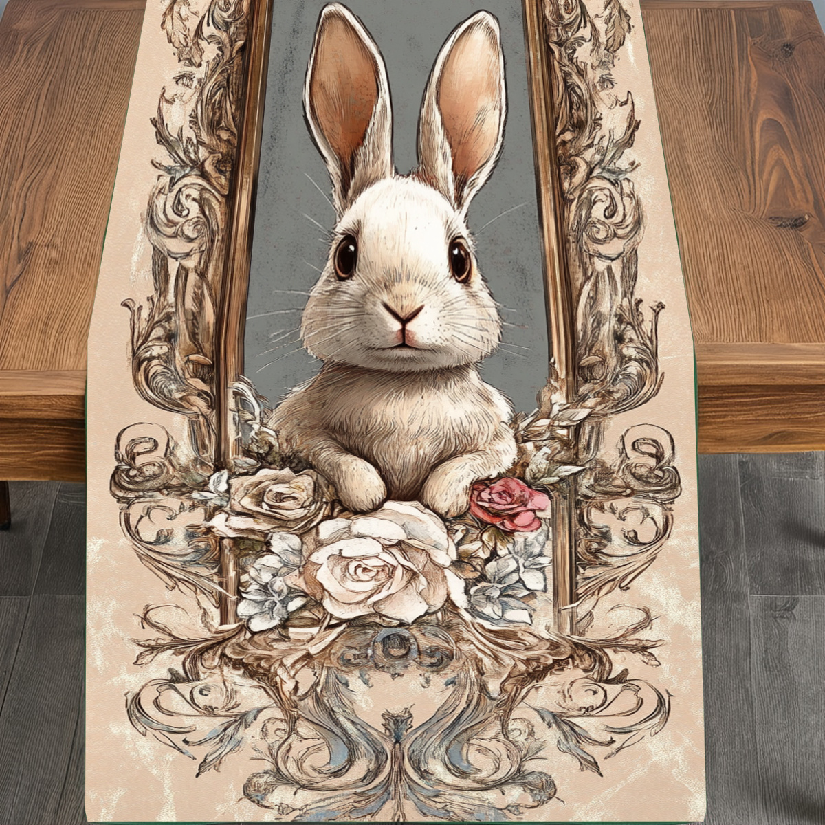 

1 Vintage Easter Bunny & Egg Polyester Table Runner - Floral & Baroque Design, Ideal For Spring Decor, Home Gatherings, Coffee Tables & Living Rooms, Bunny Accessories