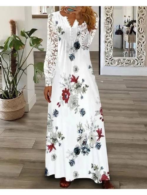 new bohemian white lace long dress with an elegant v neck long sleeves and a flowing hem beach photoshoots this french vintage high waisted a line dress is flattering and ideal for romantic dates or parties