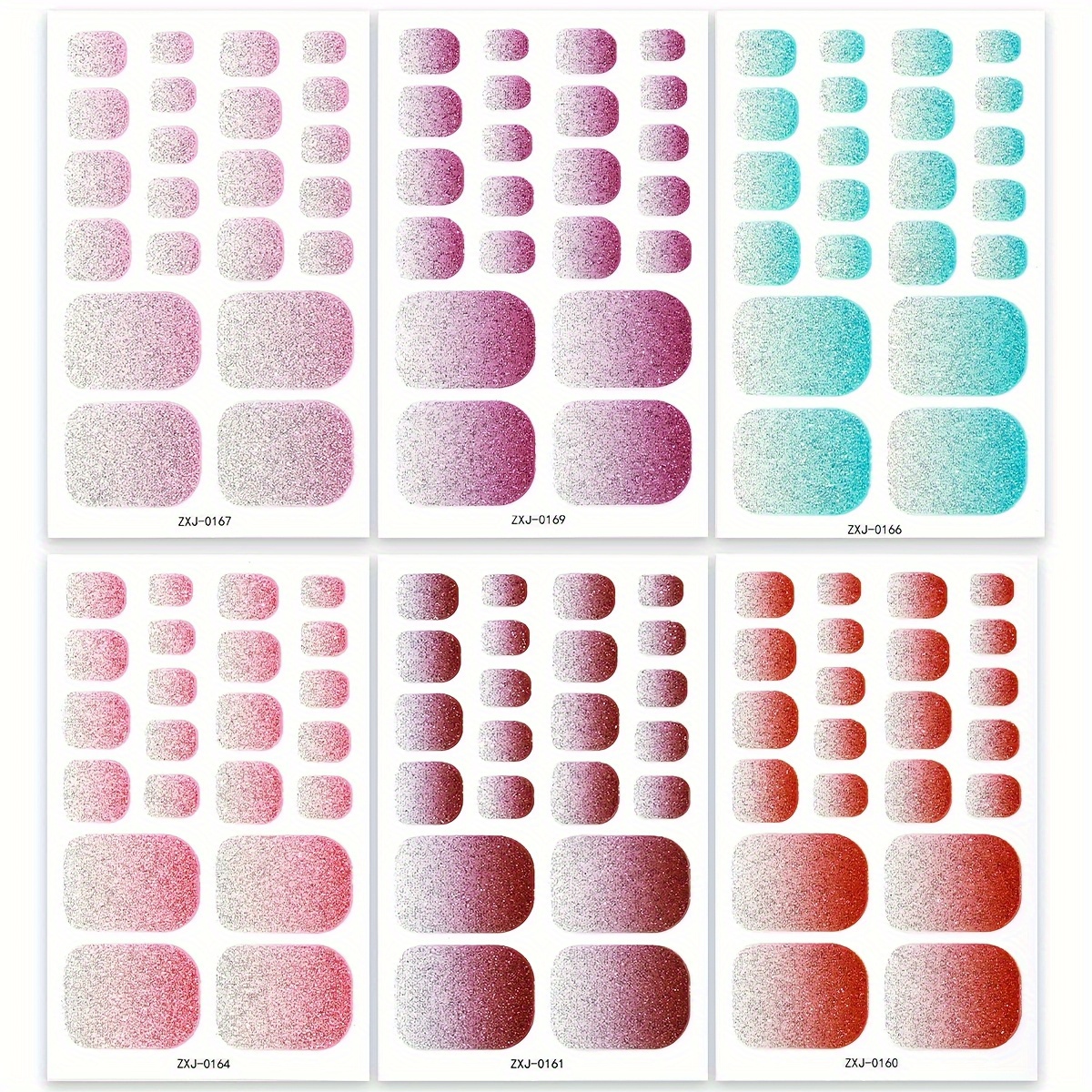 TEMU A Set Of 6 132-finger Full Covered Toenail Stickers, Stylish And , Solid Color Gradient Glitter Style, For Manicure, Self-adhesive Nail Stickers, Suitable For Women And Girls