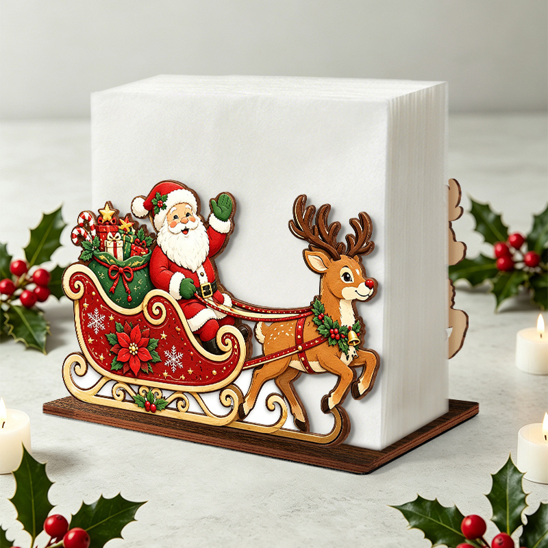 TEMU 1pc Santa Sleigh Wooden Napkin Holder, Reindeer Pulling Sleigh With Gift Desktop Tissue Box, Christmas Family Dinner Home Decor Holiday Table