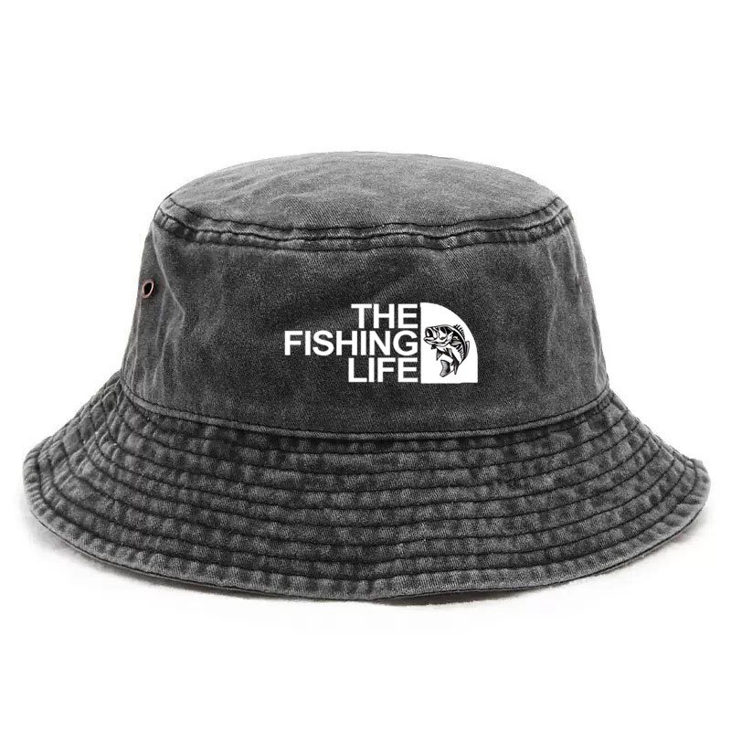 TEMU Men's Fishing-themed Washed Bucket Hat - Unisex Breathable Outdoor Bucket Hat, Foldable, Suitable For Fishing, Hiking, Camping, And Casual