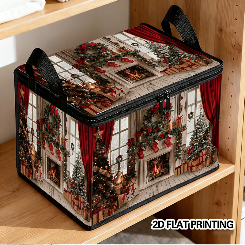 TEMU 1pc Christmas Style Foldable Storage Box, Exquisite 2d Flat Pattern, Presenting A Warm Scene. Suitable For Home Clothing Storage, Easy