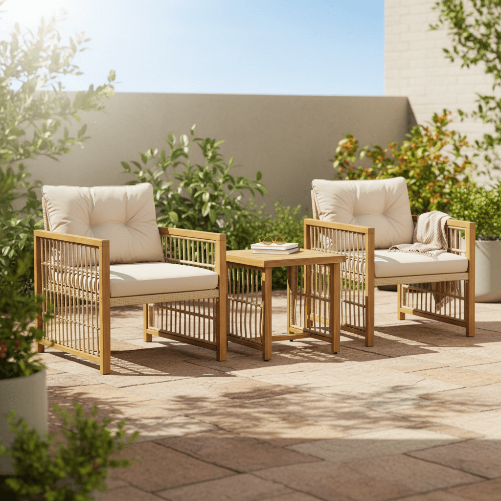 3pcs Outdoor Acacia Wood & PE Rattan Bistro Set with Removable Cushions & Slatted Coffee Table - All-Weather Patio Furniture, Armchairs and Table for Poolside, Backyard, Balcony - Easy Assembly Required