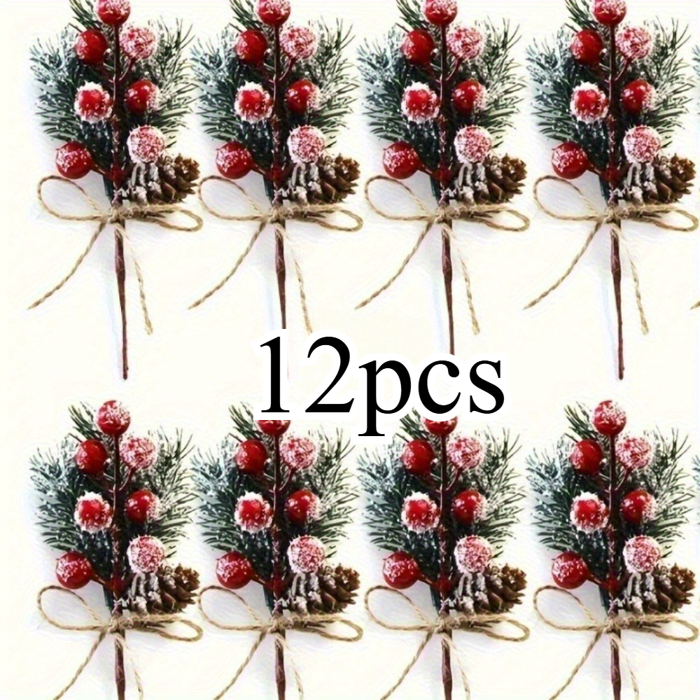 TEMU 12pcs Cedar Branch With Fake Berries And Holly - Snow-covered Leaves, Red Berries, And Snow Cone Embellishments, Country Style Christmas Tree