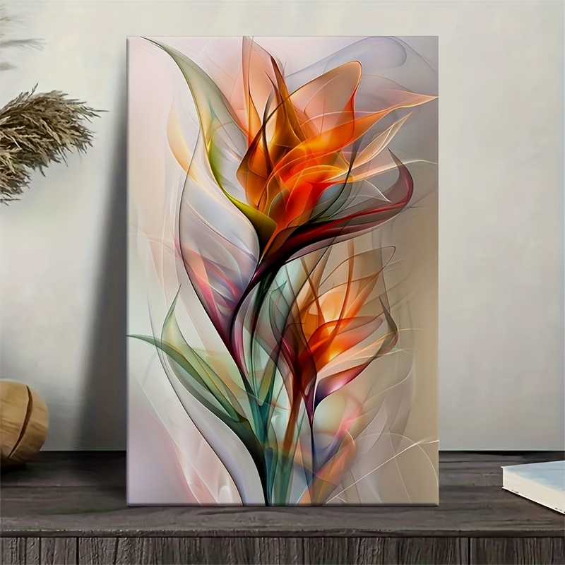 TEMU 2d Flat, 2d Flat, 1pc Modern Abstract Floral Wall Art - Vibrant Multicolor Flower Painting With Solid Wood Frame, Wrap-around Canvas,