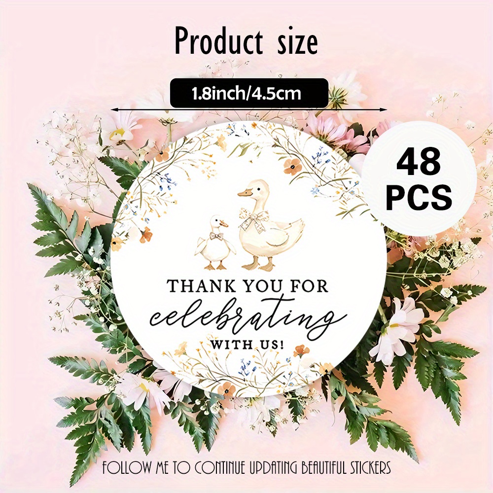 TEMU Stickers Featuring Geese In A Floral Wreath, Available In Packs Of 48, 96, Or 144. 'thank You' Stickers Are Ideal For Cards, Gift Bags, Parties,