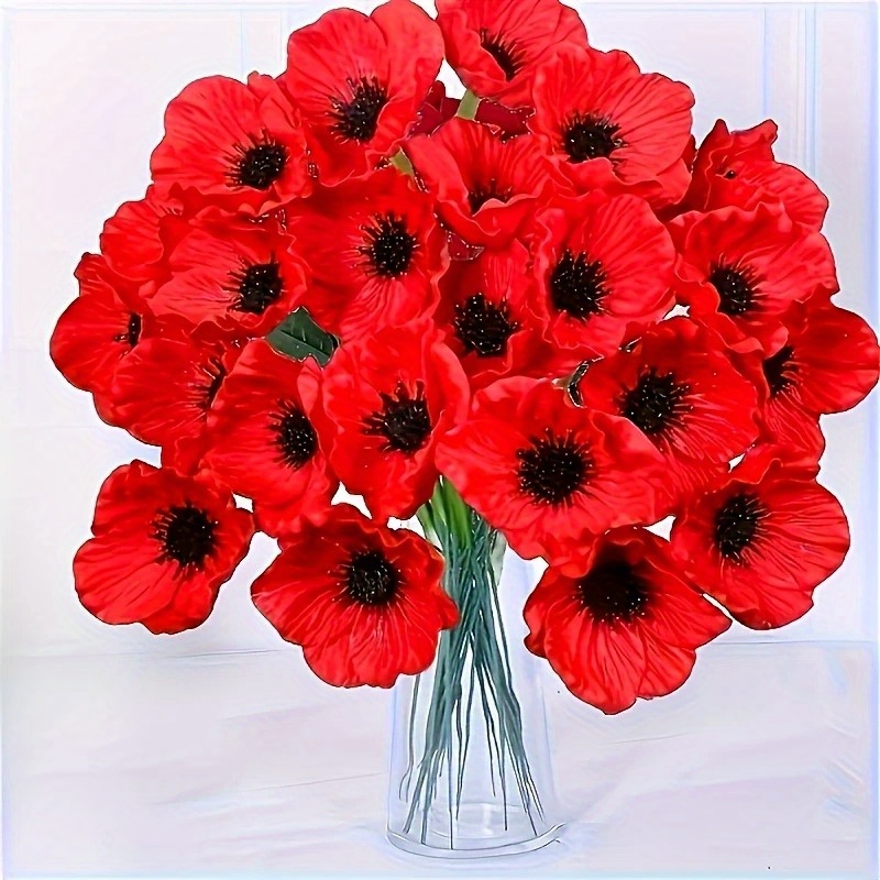 11 Stück lebensechte künstliche Mohnblumen in leuchtendem Rot – Natürlich aussehende Blumenstiele für Wohnaccessoires, Hochzeiten, Feiertage Geschenke – Realistische Kunstmohnblumen für