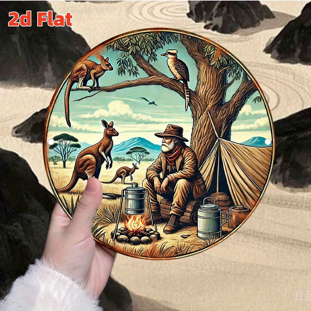 TEMU 2d Flat, 2d Flat 20.32x20.32cm Retro Camping Scene Aluminum Tin Sign Vintage Wall Art With Bird Campfire For Home Bar Cafe Decor Camping Decor