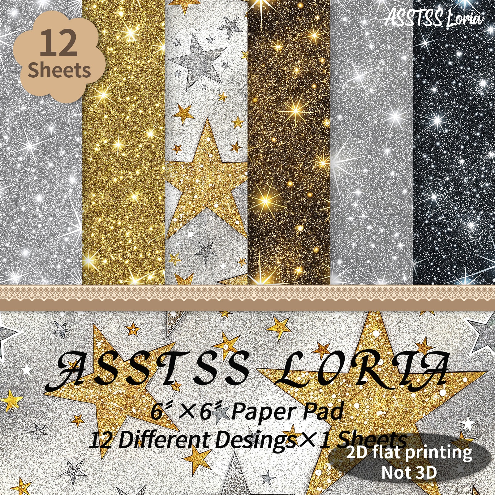 TEMU 12-sheet Asstss Loria 6x6 Inch Scrapbooking Paper Pad, Glitter Plane/2d Backing Paper Supplies, Heavyweight Cardstock For Journaling, Collage