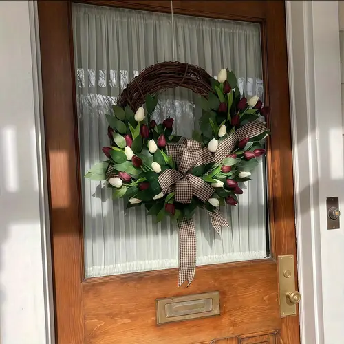 40cm 15 7in artificial tulip wreath for front door spring summer wreaths front porch farmhouse home decor year round door hanging natural rattan wreath window hanging wreath garland mothers day wreath