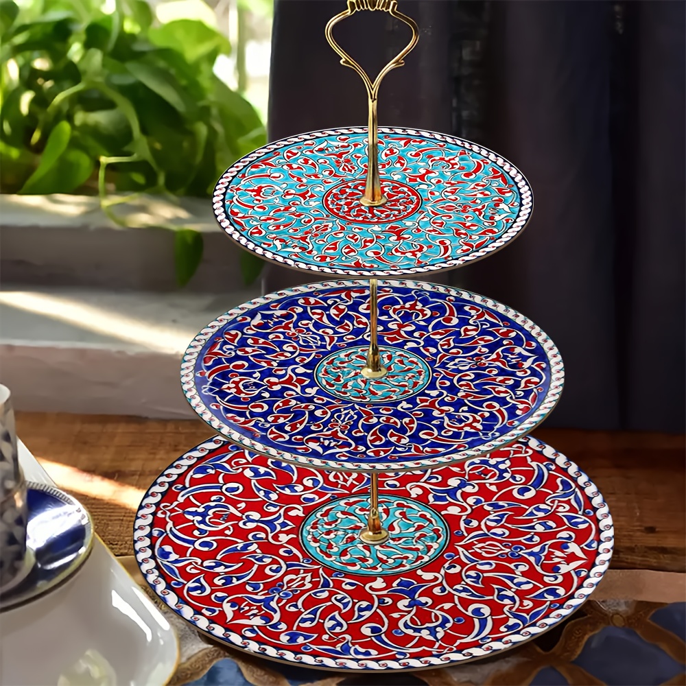 1pc 3-Layer Wooden Display And Serving Tray with Turkish Islamic Art Style Design Patterns, Perfect for Wedding, Birthday, Easter, Thanksgiving, Valentine'S Day, Mother'S Day, Independence Day, Eid Al-Fitr, Christmas