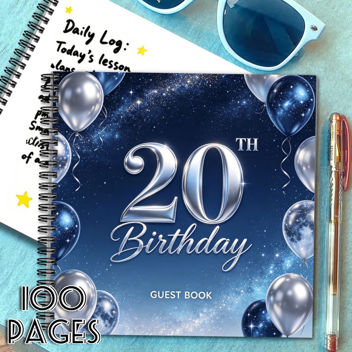 TEMU 'or pour 20e anniversaire, 1 pièce, thème ballon galaxie à paillettes argentées bleu marine, livre de messages et , cadeau idéal pour amis et