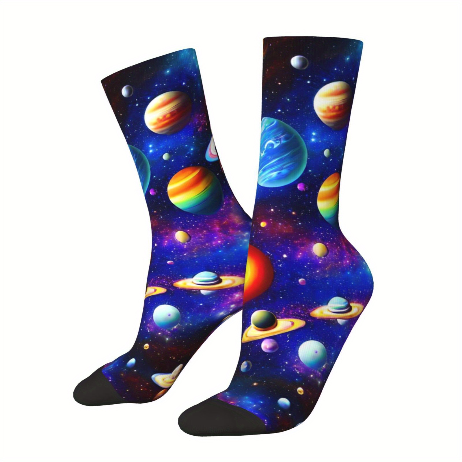 TEMU A Pair Of Unisex Outdoor Socks Featuring A Planet Print, Mid-calf Length, Machine Washable, Suitable For Outdoor Sports Enthusiasts, Comfortable