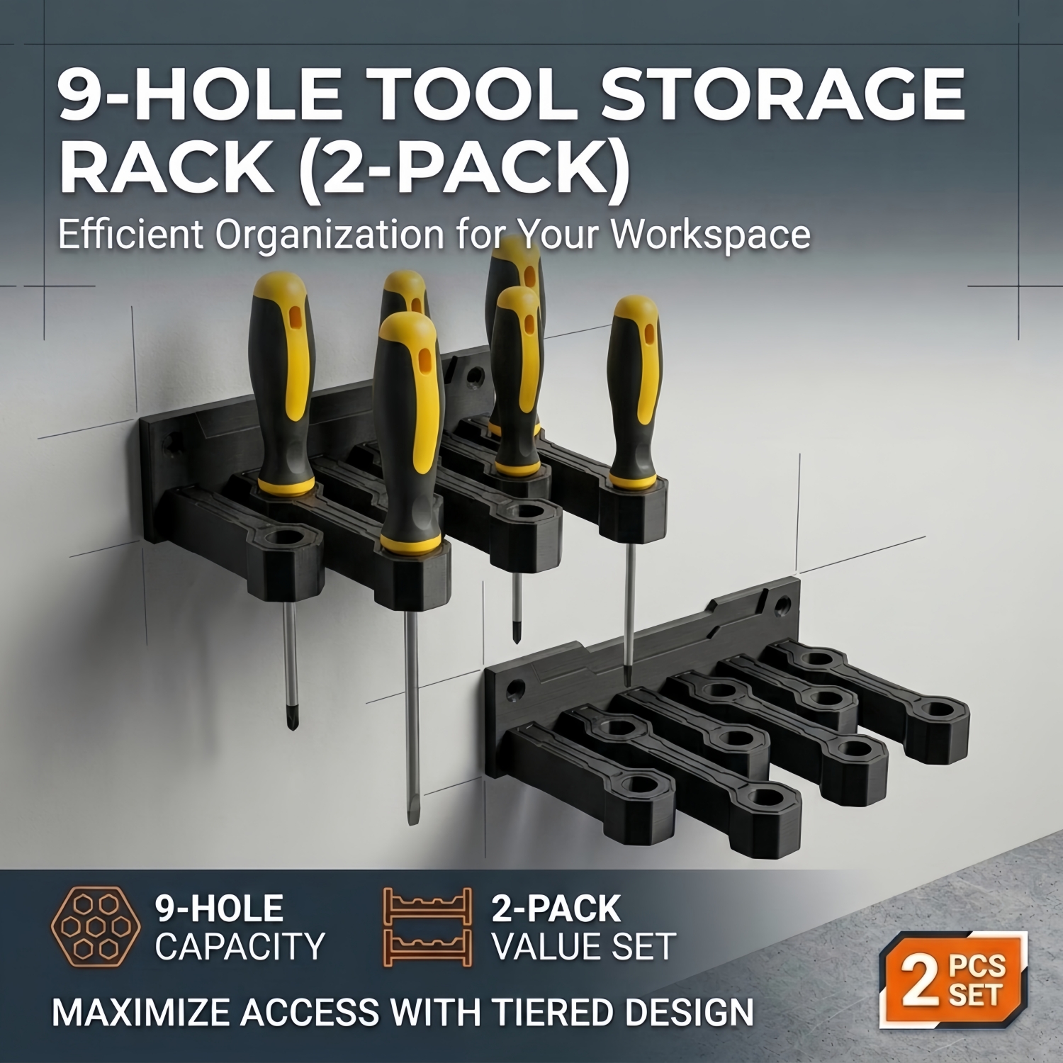 Image of 2pcs Wall-mounted Screwdriver Holder 9-hole Screwdriver Holder, Garage Finishing, , Used For Hand Tool Finishing, Storage Racks Suitable For Garages And