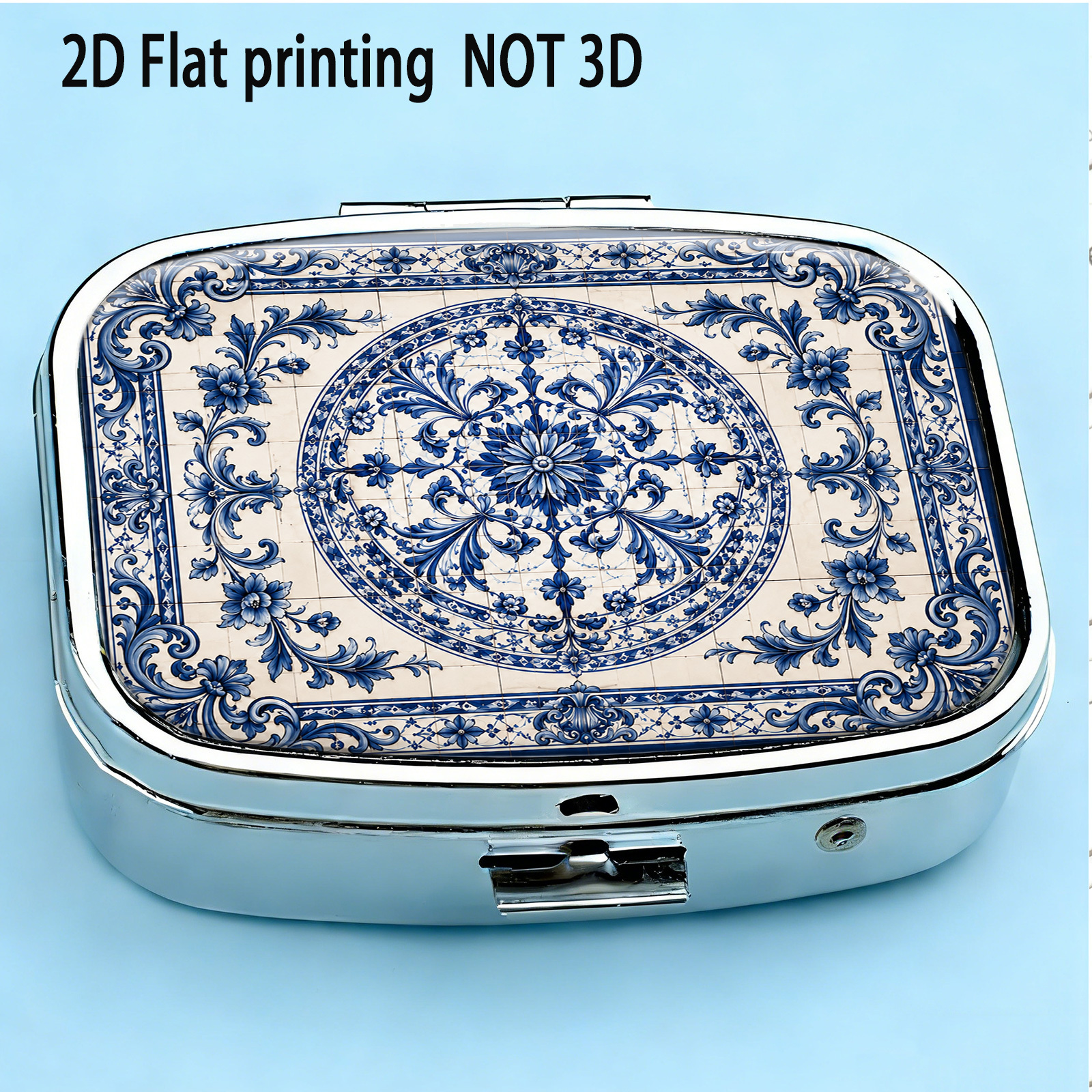 TEMU 1pc, 2d Flat, Blue And White Porcelain-style Vintage Chinese Floral And Vine Pattern On Two-compartment Small Pill Organizer. Portable Medicine