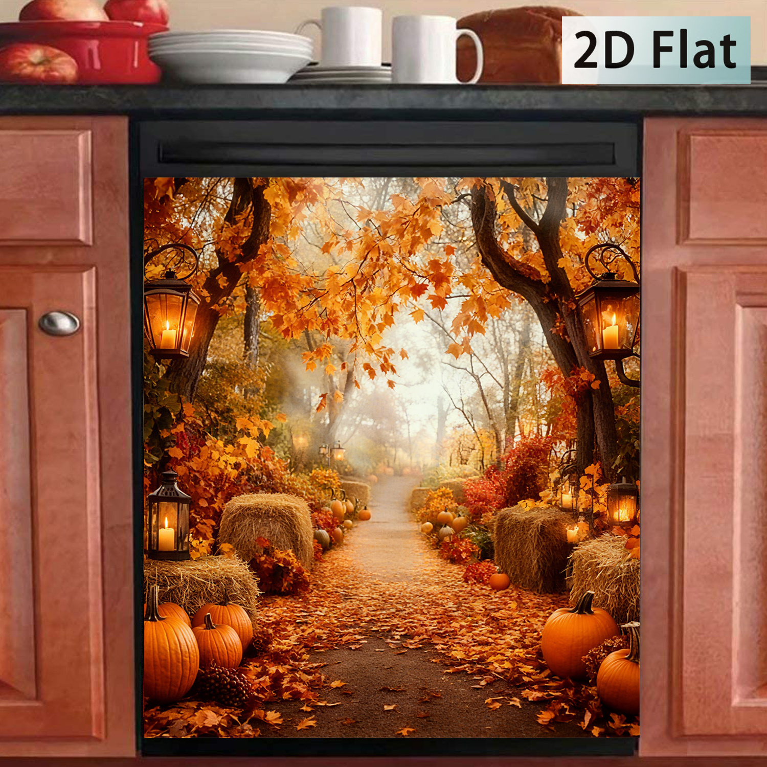 TEMU 2d Flat, 2d Flat Dishwasher Decal, Autumn Forest Pumpkin Path Theme, Suitable For Dishwasher/refrigerator/washing Machine, Home Holiday