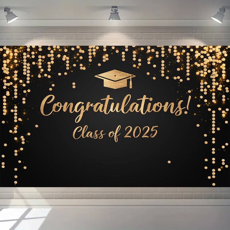 

1pc Graduation Backdrop - Polyester Black And Golden Glitter Design, No Electricity Needed, Grad Prom Party Decoration, Cake Table Photo Booth Prop, Indoor Outdoor Ornament, 90.5x70.8 Inches