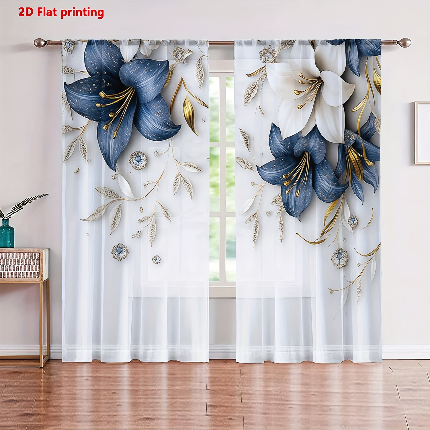 TEMU 2d Flat - 2d Flat - 2d Flat, Elegant Blue And Floral Curtains In 2pcs With Golden Accents, Made Of Polyester With A Rod , Softly Filtering Light