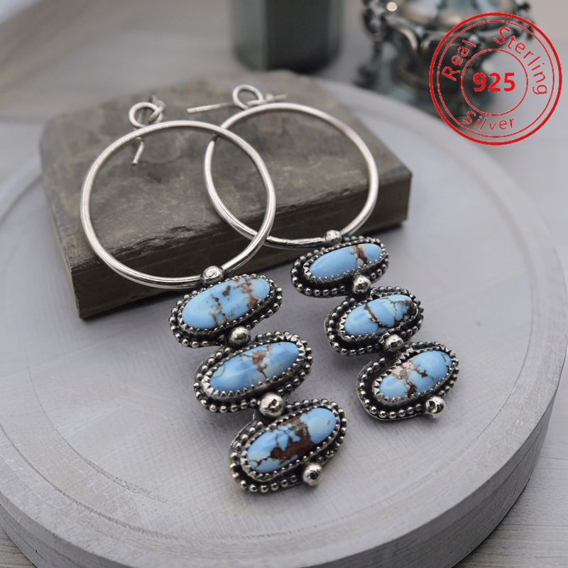 TEMU 1 Pair S925 Silver Bohemian Retro Style - Women's Earrings, Elegant And Fashionable Earrings, Inlaid With Synthetic Turquoise, Pendant Earrings,