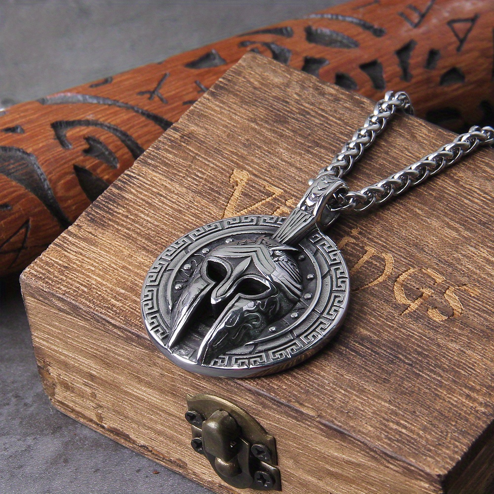 Image of Men's Pendant Necklace, Ancient Greek Warrior, Stainless Steel Chain, Vintage Party Jewelry, Punk Gift