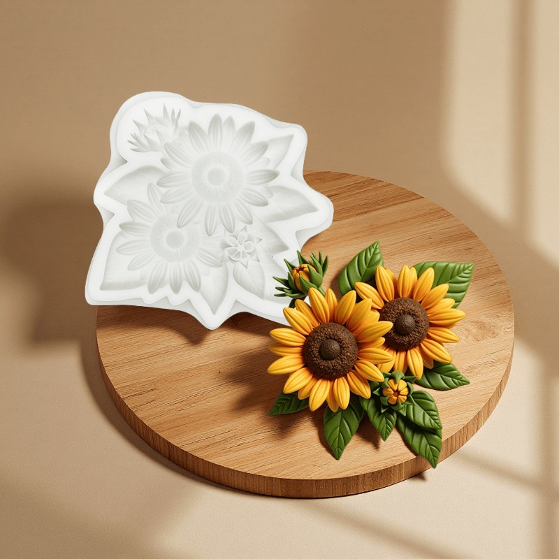 E-shop sonnenblumenförmige Ton-Silikonform, geeignet für Dekorationswerkzeuge. Ein sonnenblumenförmiges DIY-Basteldekorationswerkzeug mit grünen