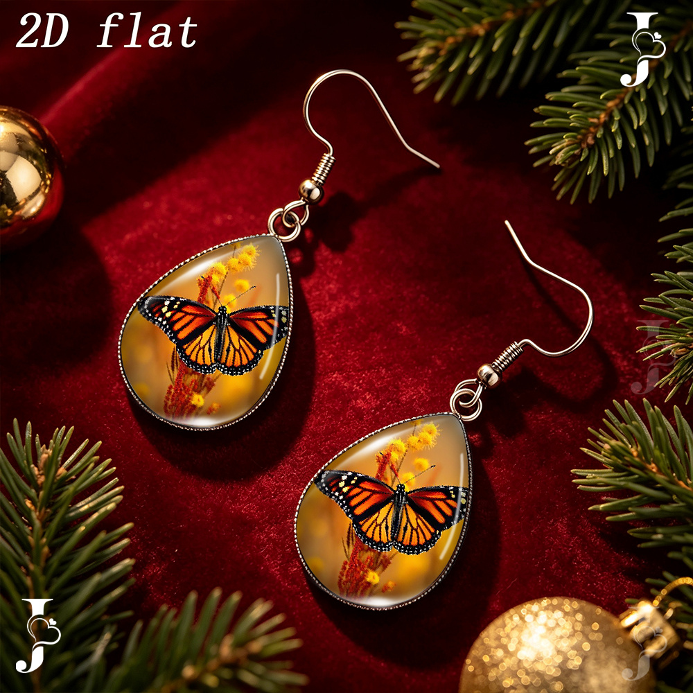 Teardrop Dangle Earrings with Monarch Butterfly Pattern