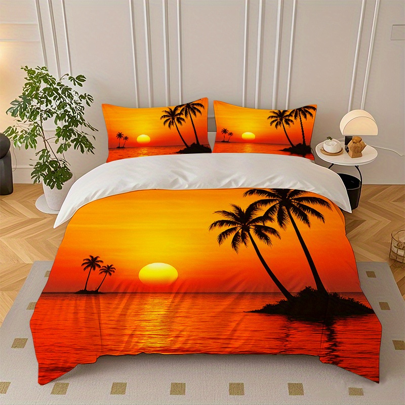 TEMU 2/3pcs Tropical Tree Sunset Print Duvet Cover Set, Duvet Cover Set Contains Duvet Cover & Pillowcase Perfect For Bedroom, Bedding, Decorating