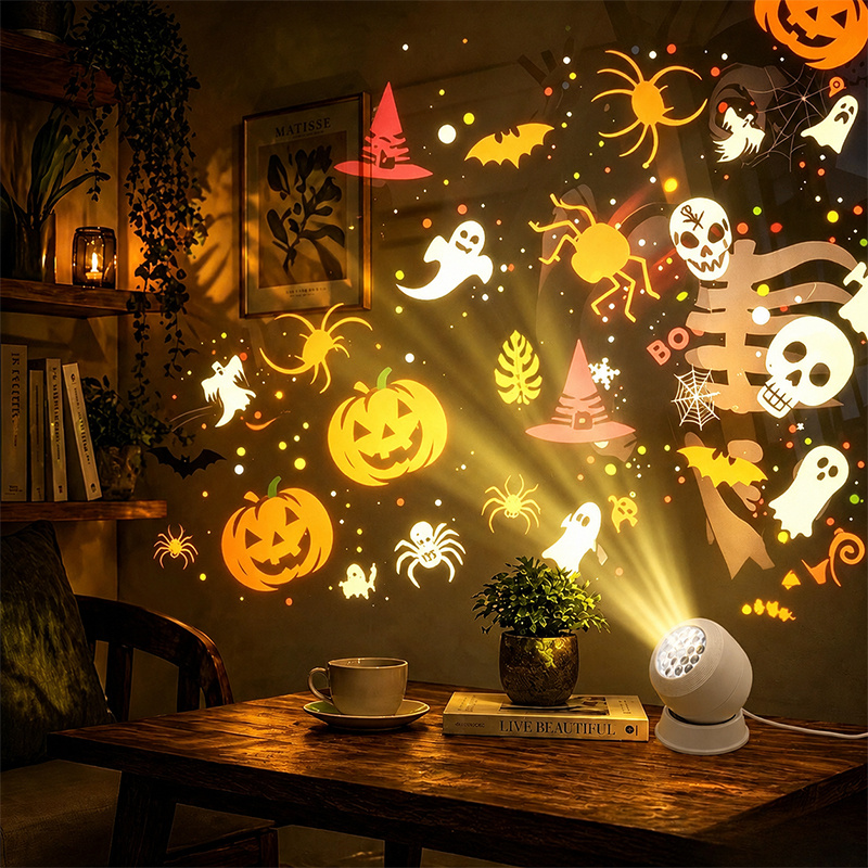 TEMU Luz de Proyección de Halloween para PC, Lámpara Proyector Colorida de Calabaza, Fantasma, Calavera, y Murciélago, Ángulo Ajustable de 360°, Luz